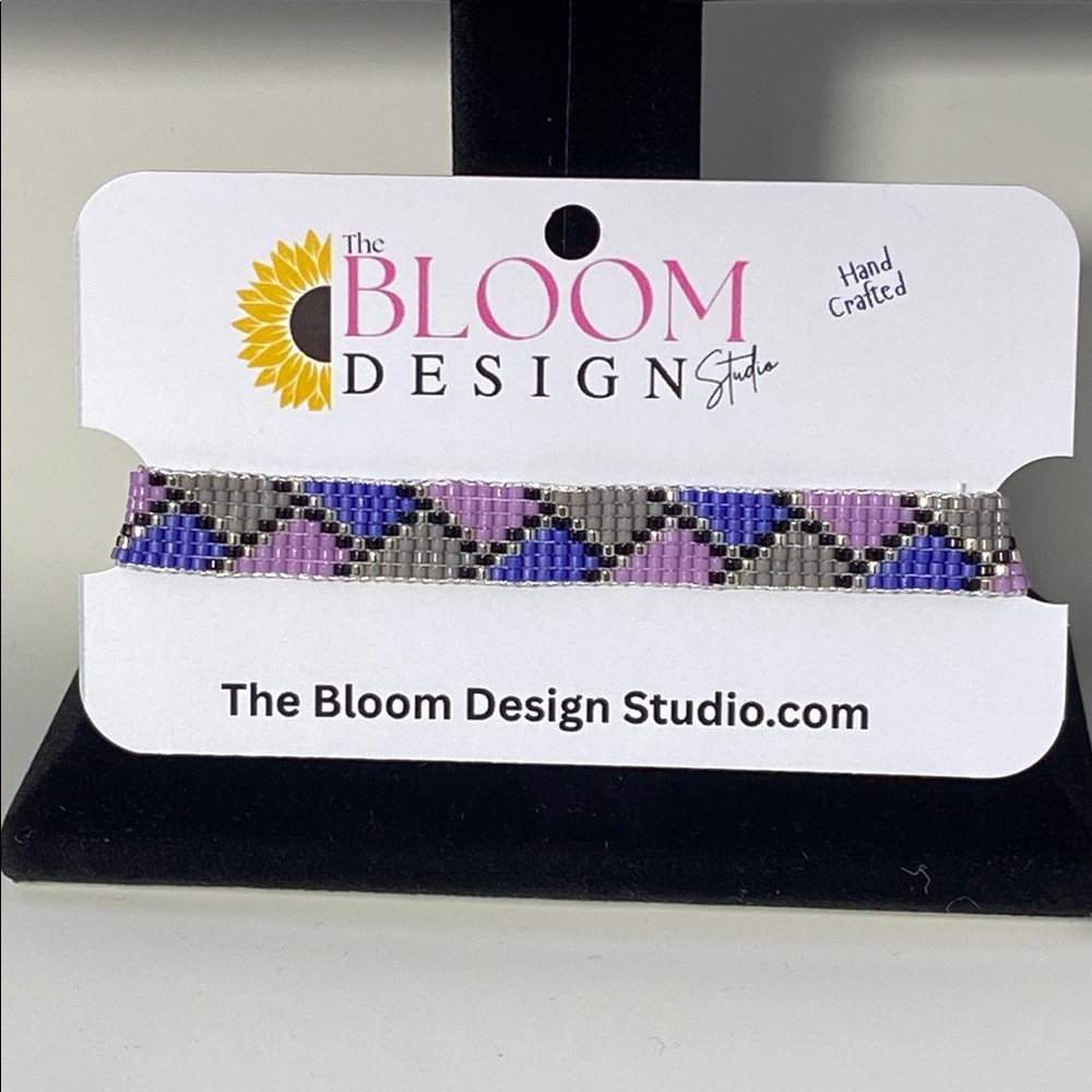 Handcrafted Loom-Beaded Bracelet Geometric Pattern in Purple, Blue, and Gray